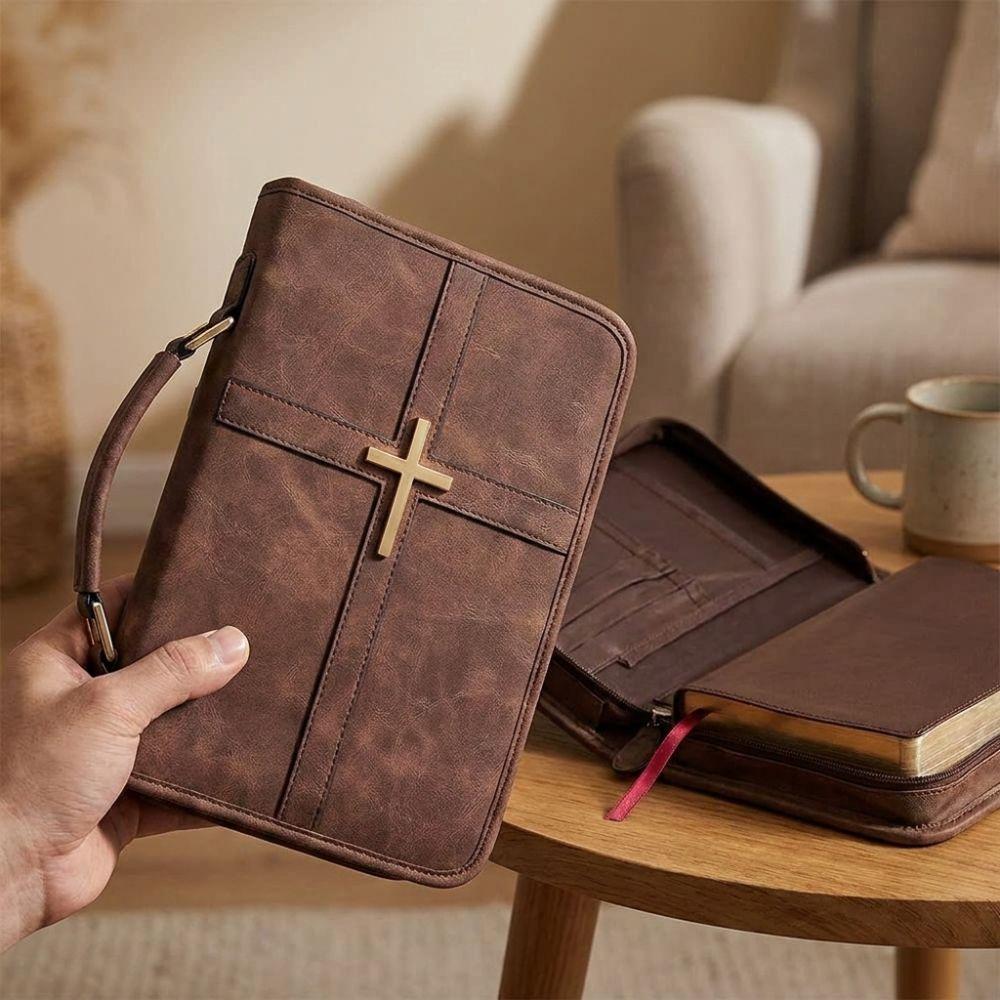 Kreuz-Thema Veganleder Bibelhülle mit Handyfach Staubdichte PU-Leder Bibel Tasche Religiöser Stil