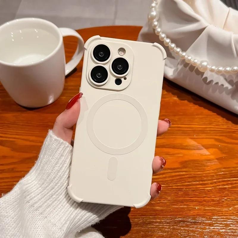 For Magsafe Phone Case for iPhone 15 Pro Max 14 Plus 13 Pro 12 11 Pro Max Airbag Silicone Shockproof Soft Cover for iPhone 15 Plus 14 Lens Protector