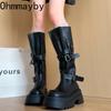 Winter Vintage Punk Style Woman Knee High Boots Fashion Belt Buckle Slip On Shoes Female Thick Bottom Knight Long Booties Shoes