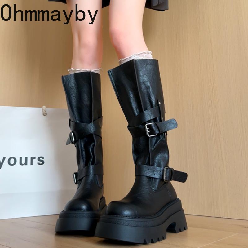 Winter Vintage Punk Style Woman Knee High Boots Fashion Belt Buckle Slip On Shoes Female Thick Bottom Knight Long Booties Shoes