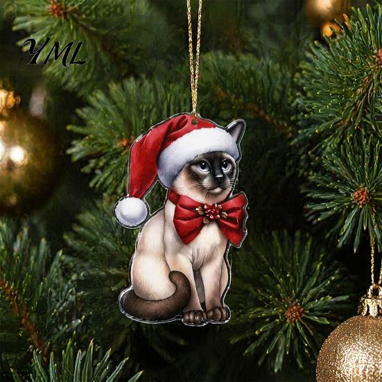 Christmas Gift Decorations Cute Cat Ornaments, 2D Wooden Cartoon Tree Festive Party Supplies Hanging for Winter Holiday Home Decor Ornaments
