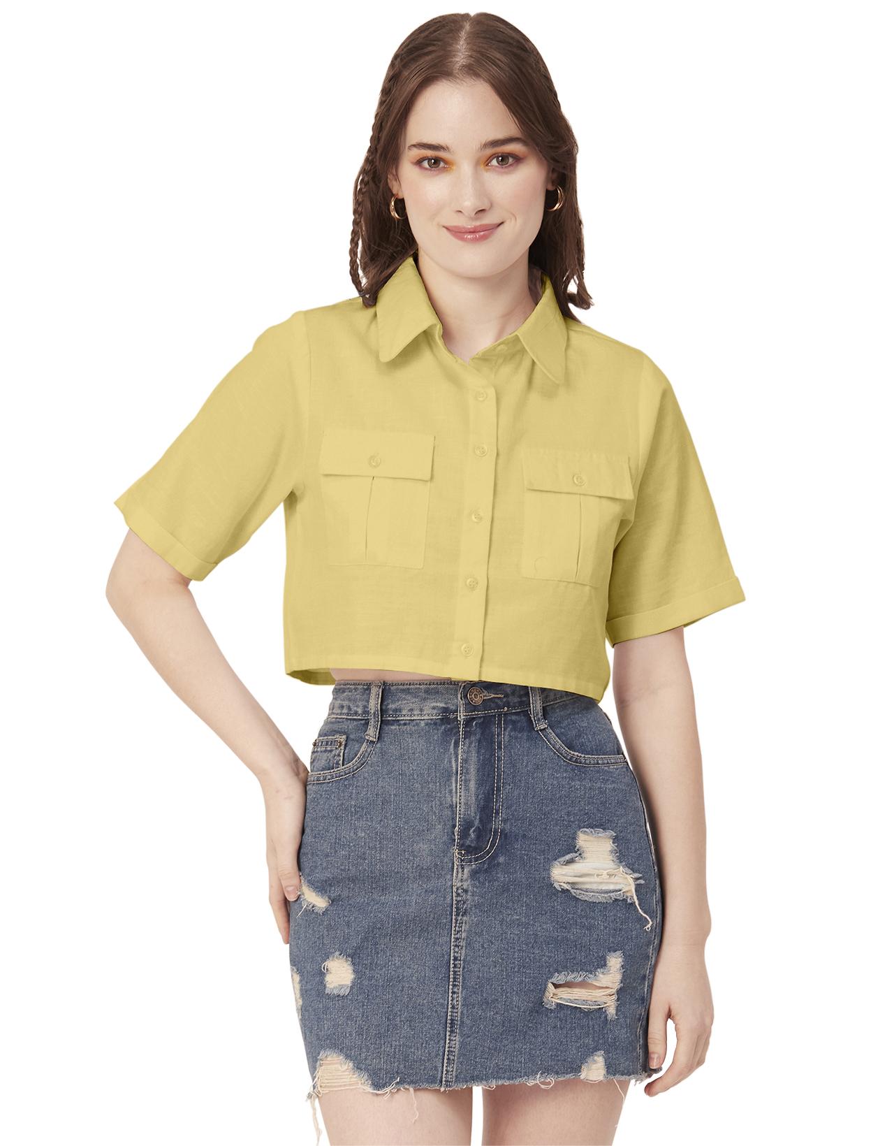 

Жіноча укорочена сорочка з принтом Moomaya з короткими рукавами, коротка квадратна сорочка з коміром XS жовтий