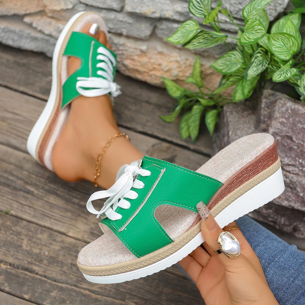 Mode 2025 Sommer neue lässige, leichte und strapazierfähige Schnür-Dekor Keilabsatz Fischmaul Römersandalen