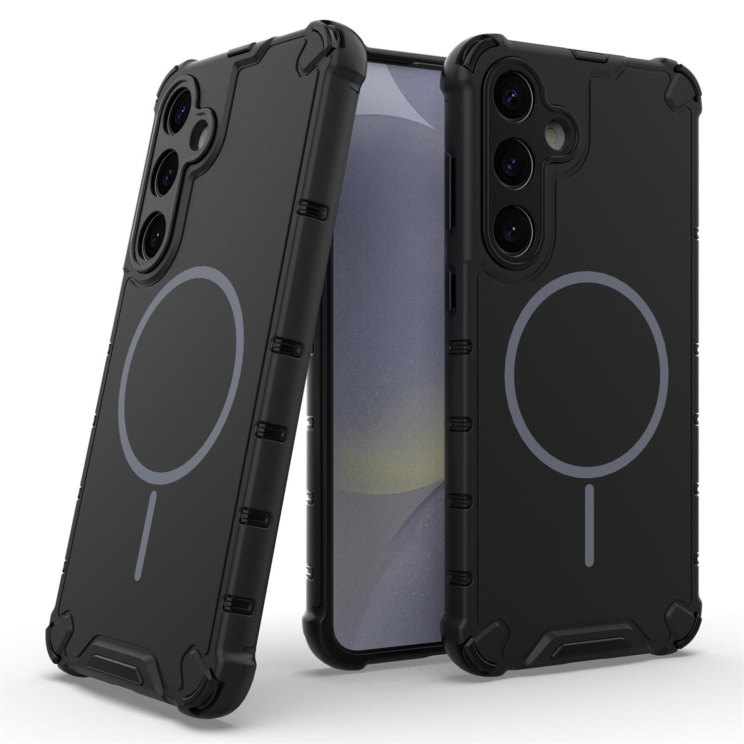

For Samsung Galaxy S25 Magnetic Case Corrugated Texture Heat Dissipation Shockproof TPU+PC Phone Back Cover Black