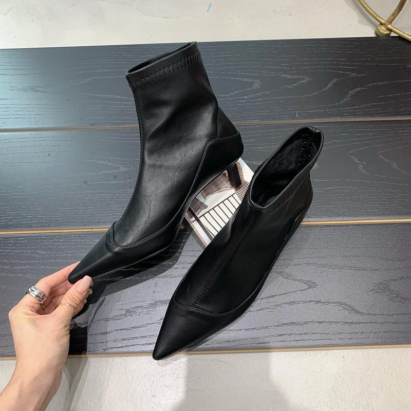 Fashion SUOJIALUN Winter New Thin Low Heel Women Ankle Boots Fashion Pointed Toe Slip On Chelsea Boots Shoes Soft Leather Short Boots