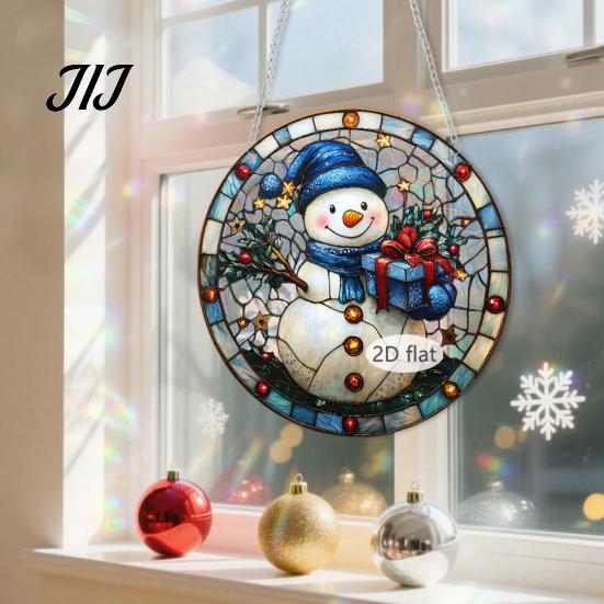 Lightweight Christmas Wall Ornaments 2D Acrylic Hanging Ornaments, Stained Glass Style Snowman Santa Snowflake Holiday Window Decorations for