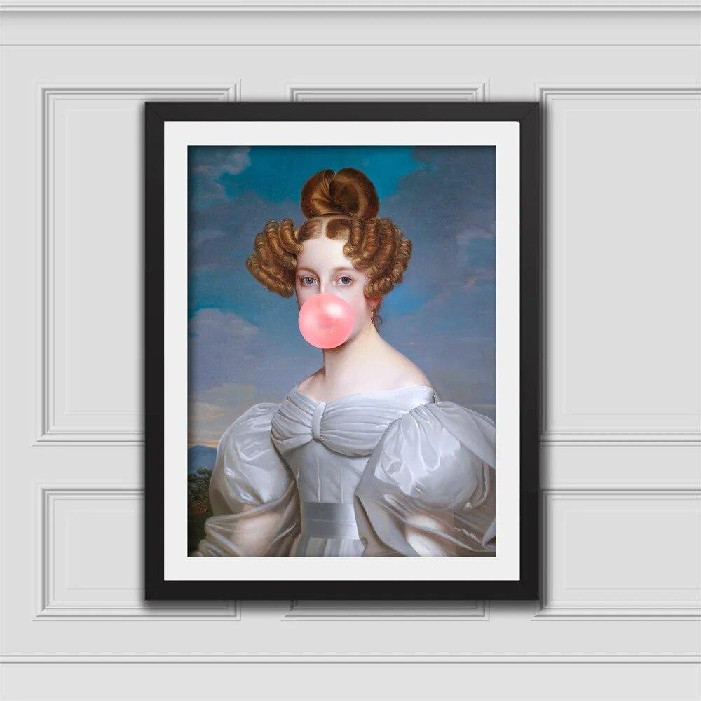 Elegant Lady Bubblegum Art Print Classical Oil Painting Canvas Prints Retro Woman Portrait Canvas Painting Renaissance Art Decor