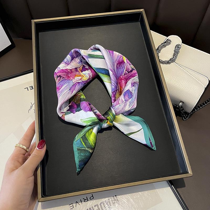 2024 100% Real Silk Square Scarf Women Designer Floral Print Neckerchief Female Luxury Shawl Hijab Bandana Headband