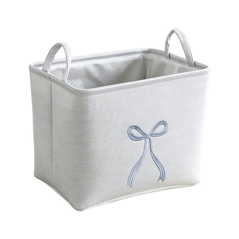 Fabric Storage Basket With Handles Bow Embroidery Foldable EVA Storage Bin Large Capacity Organizer For Home Bedroom Storage