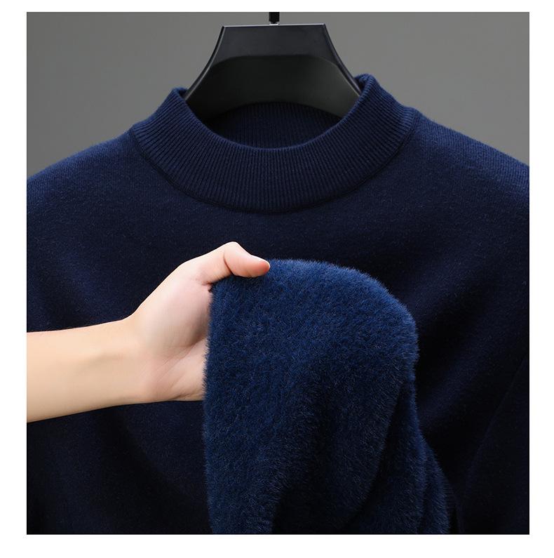 Men's Winter Velvet Fleece Knitwear: Half-High Collar Solid Base Layer Sweater