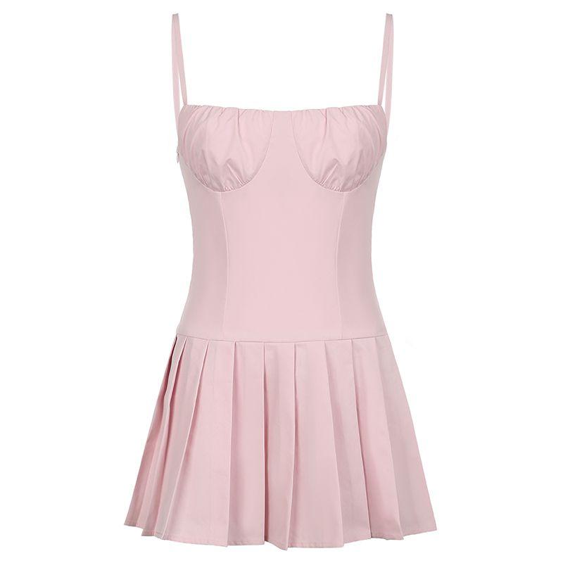 

Women s Square Collar Light Pink Niche Style Pleated Suspender Skirt Pink S