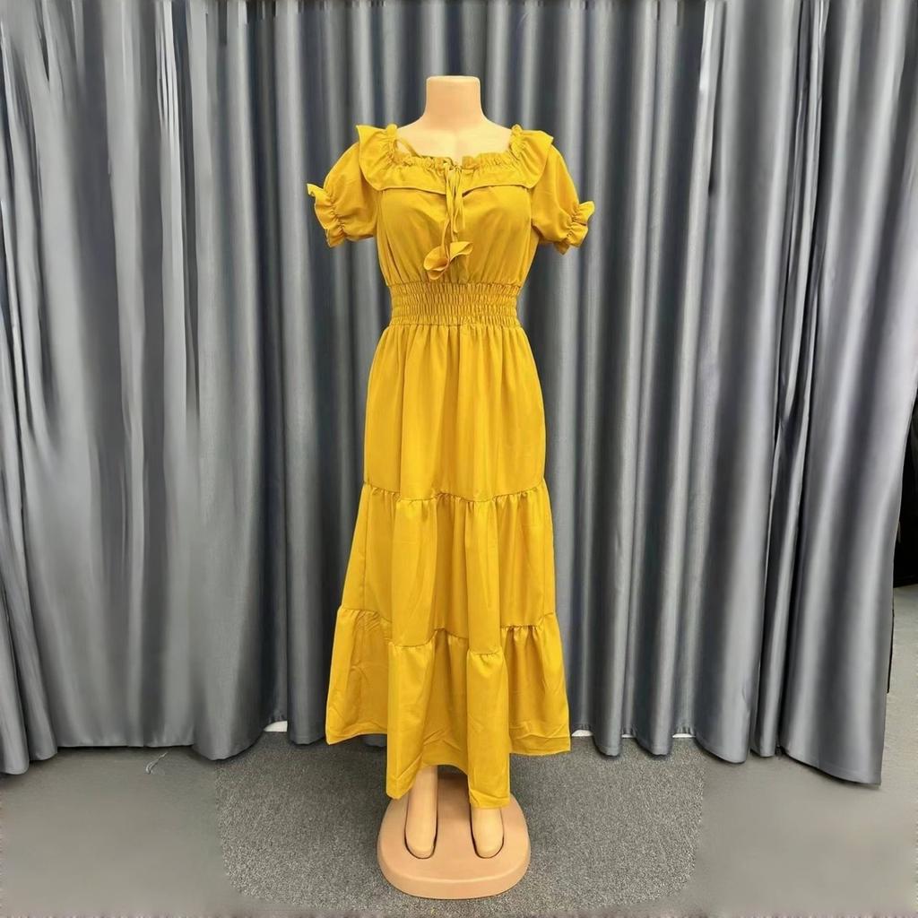 LYRIA Solid Boho Dress Women Fashion Elegant Beach Party Dress Casual Slash Neck Office Maxi Dresses For Woman Robe Femme