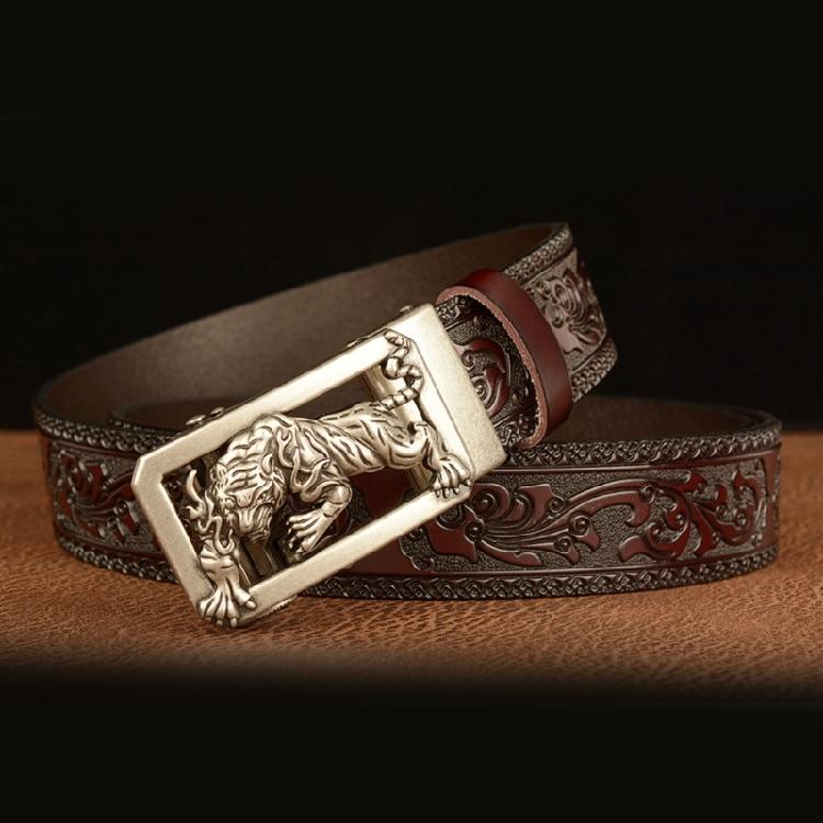 Classical Men Leather Belt with Convenient Automatic Buckle and Carved Beast Buckle Chinese Beast Head