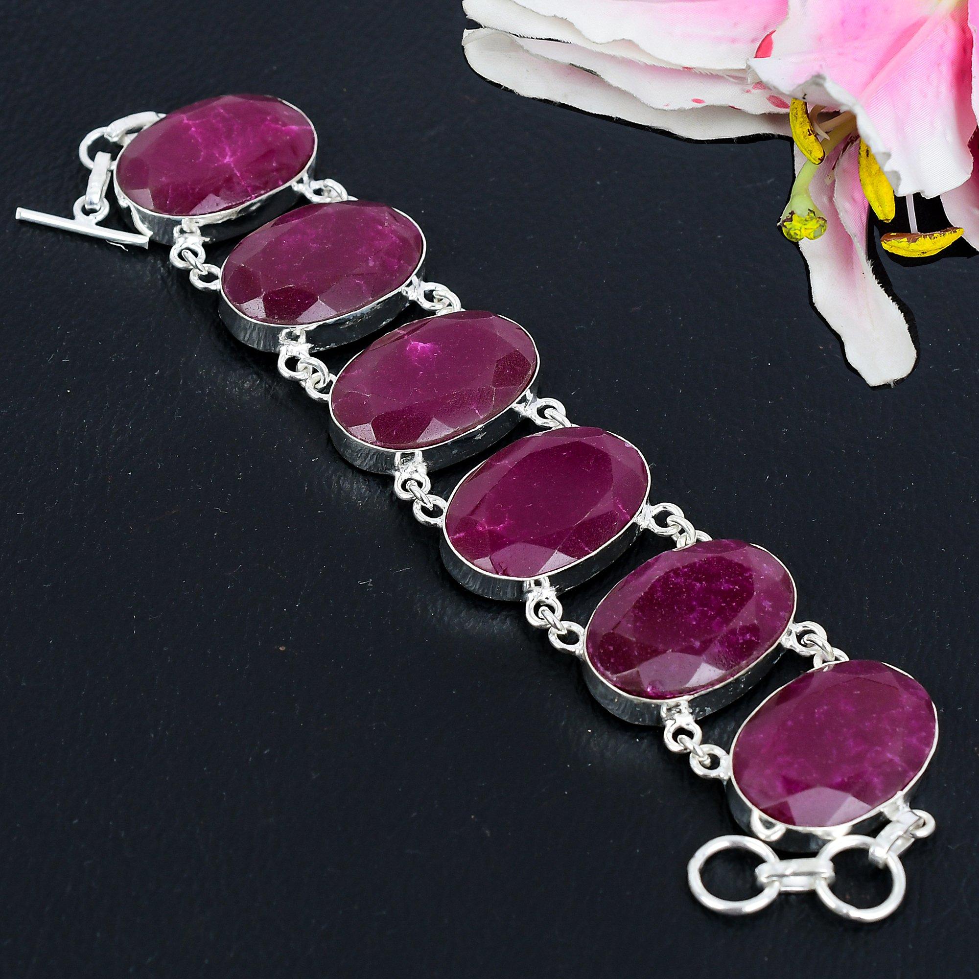 

Red Jade Gemstone Handmade 925 Sterling Silver Bracelet 7-8 KG-1625