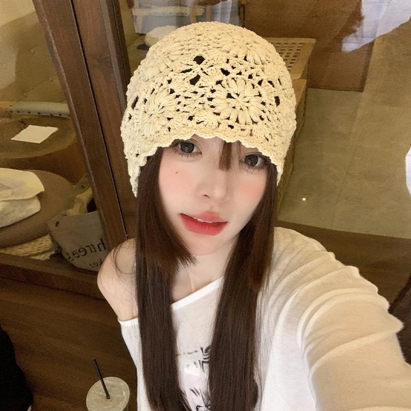 Ethnic Style Crochet Flower Knitted Hat Hollow Out Beanies Knit Cap Handmade Korean Apparel Accessories