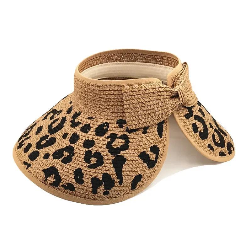 Women Leopard Print Sun Hat Summer Trendy Chic Bow Foldable Wide Brim Straw Cap For Beach Holiday
