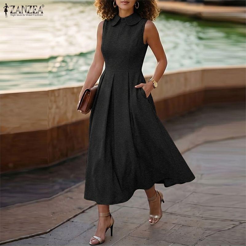 ZANZEA Women Elegant Doll Collar Summer Casual Sleeveless Dress