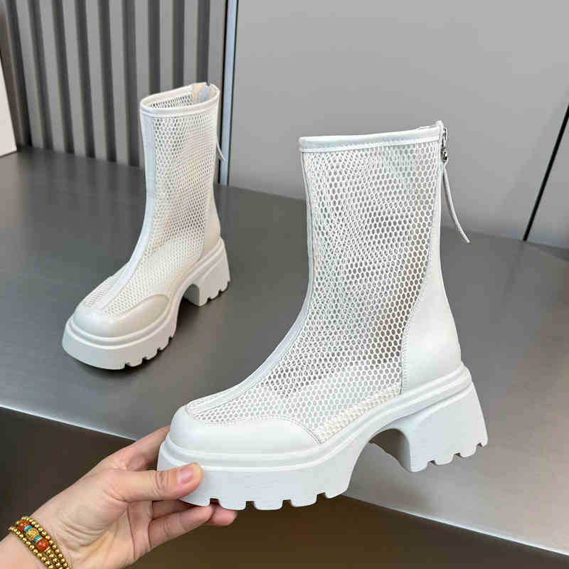 

Платформа Толстый каблук Ажурные сандалии Летний модный тренд Комфортные Дышащие Ботильоны Повседневная уличная обувь 35 бежевый