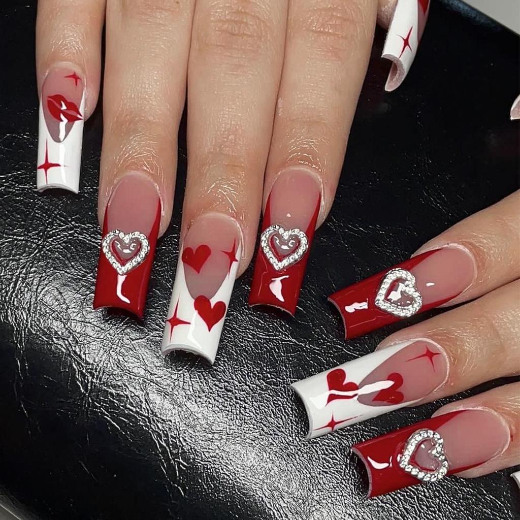 European & American Long Coffin Red White French Heart & Starburst Print Removable False Nails