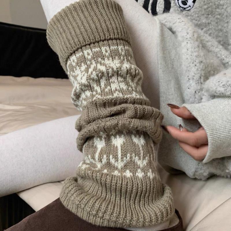 Sock Covers, Thick Threads, Stacked Socks, Warm And Thickened, Retro Gray Diamond Calf Socks, Leg Covers