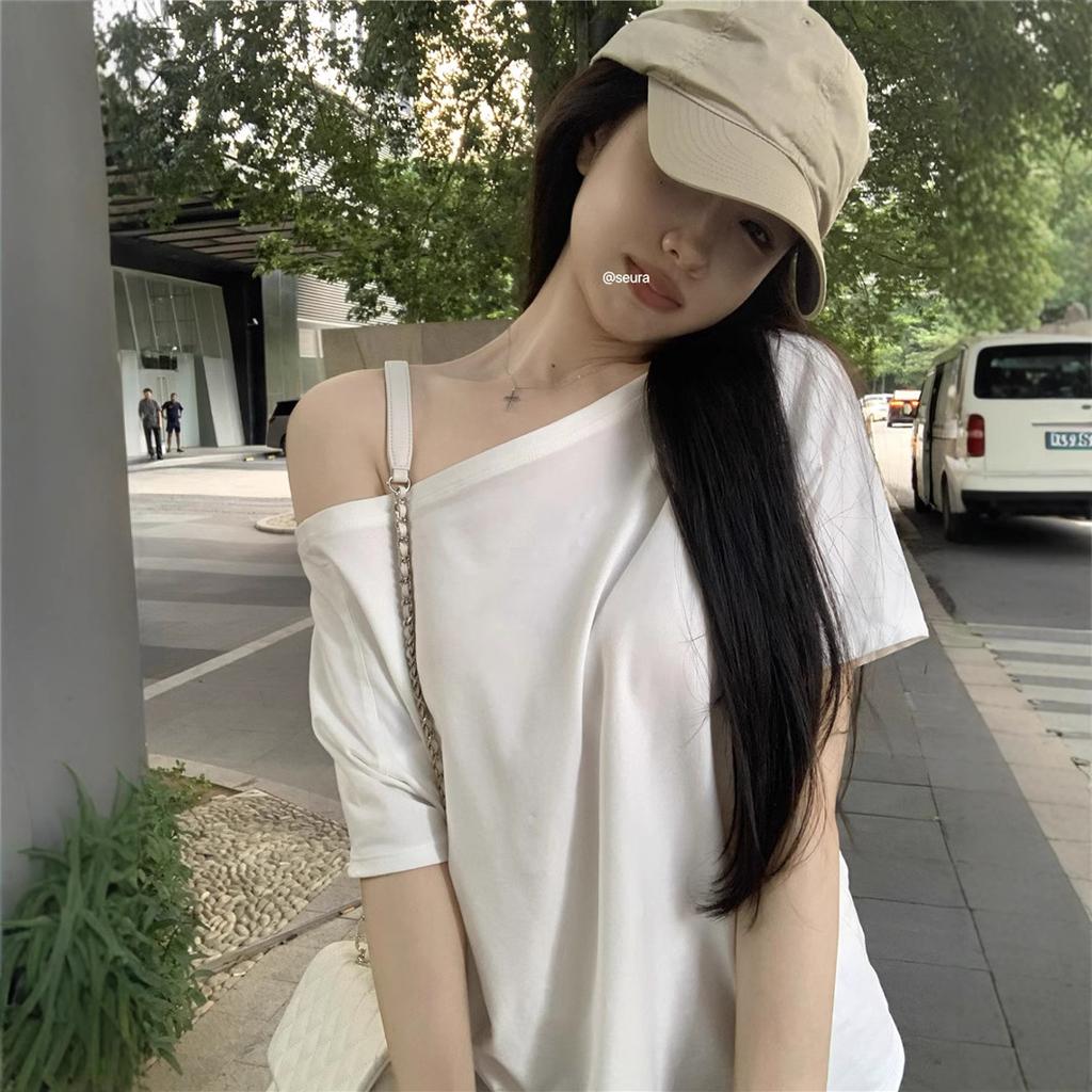 Slash Shoulder Short-sleeved Loose T-shirt Women's Summer New Casual Irregular Solid Color Versatile Top