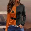 Women's Halloween Print Long Sleeve Top with Round Neck and Hem Slit for Casual Party Wear