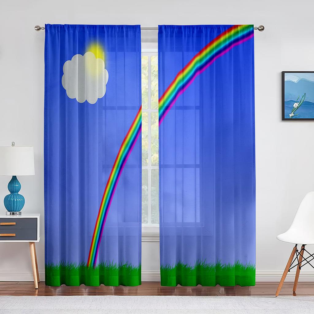 Fluffy Clouds and Rainbow Sky Tulle Curtains for Living Room Kids Bedroom Decoration Chiffon Sheer Voile Window Curtain Drapes
