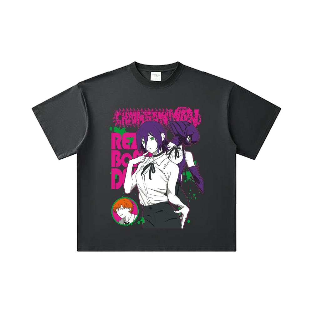 Camiseta Unisex de Algodón Pesado 260 GSM Hilo Doble 32 Count Estampado Chainsaw Man V44 Reze 100% Algodón