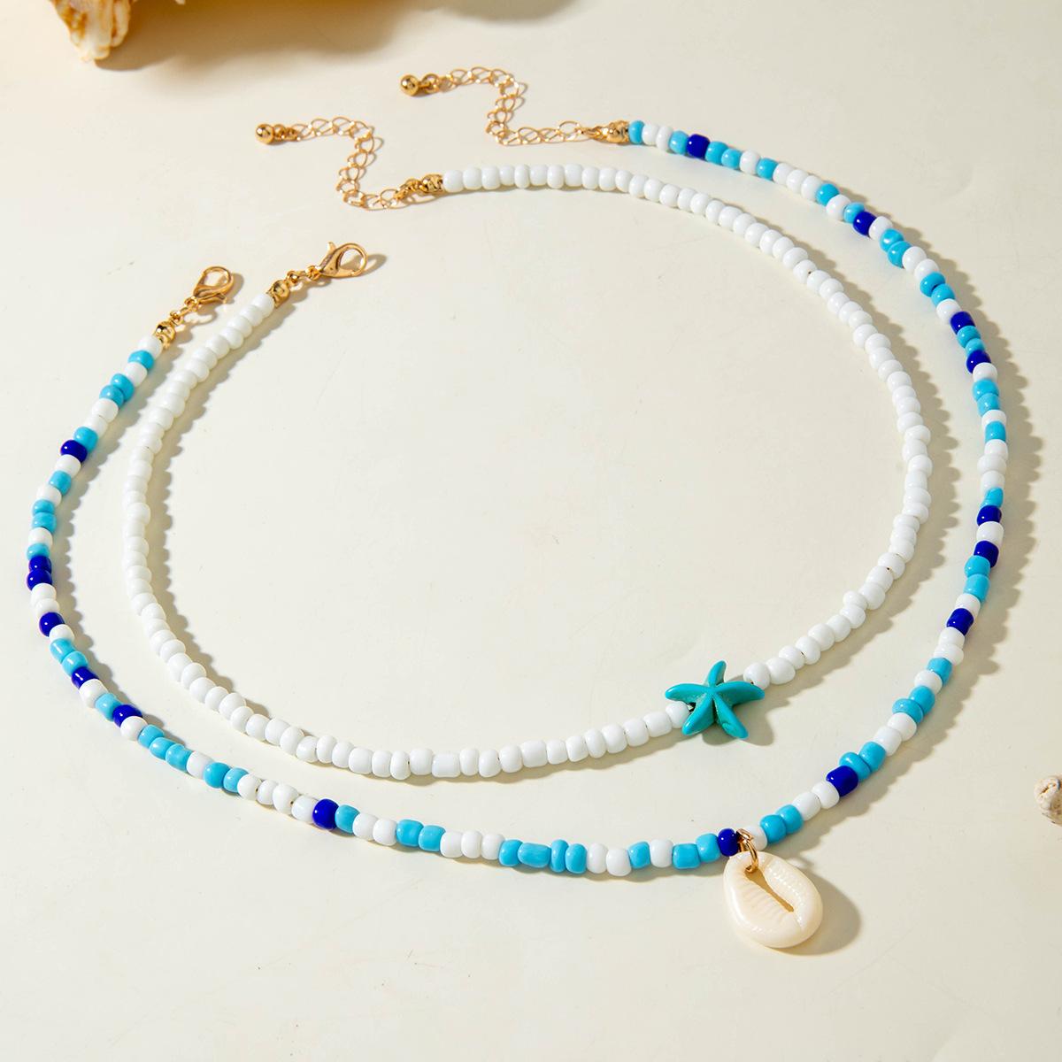 

Layer Beaded Necklace Boho Style Handmade Seed Bead Choker Necklace 2pcs Starfish Cowrie Shell, Stacking Beach Jewelry
