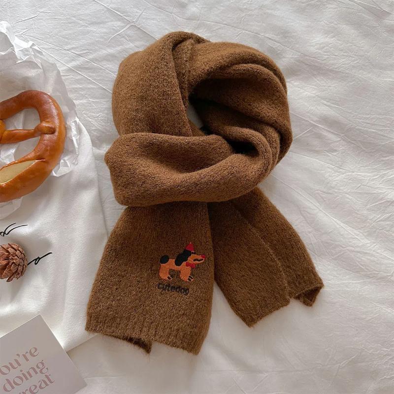 2024 Neu Warmer und Vielseitiger College-Stil Gestrickter Niedlicher Kleiner Hund Bestickter Schal für Damen im Herbst und Winter