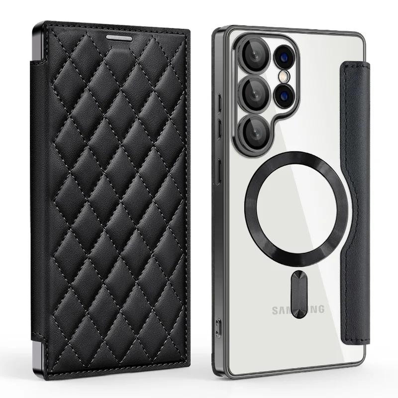 Luxury PU Leather Electroplate Magnetic Card Holder Phone Case for S22 S24 Ultra S25 Plus FE Transparent Shockproof Back