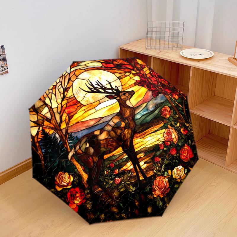 1 PC Automatic Folding Umbrella - Deer Sunset Pattern, Portable & Foldable Design with 8 Ribs, Christmas Birthday Gifts