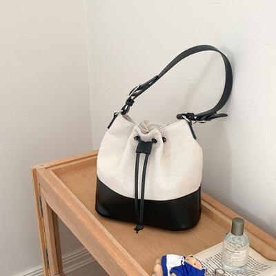 Canvas Bag Lazy Style Literary Niche Design Shoulder Bag Splicing Drawstring Folds New Bucket Bag Women