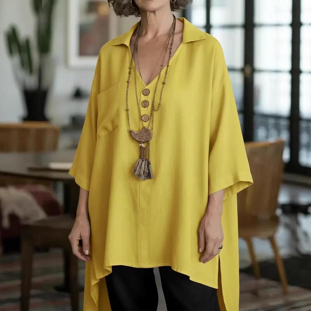 Spring/Summer 2026 Women's Cotton-Linen Top: European & American Style, Solid Color, Casual Loose Fit with Buttoned Short Front-Back Design.