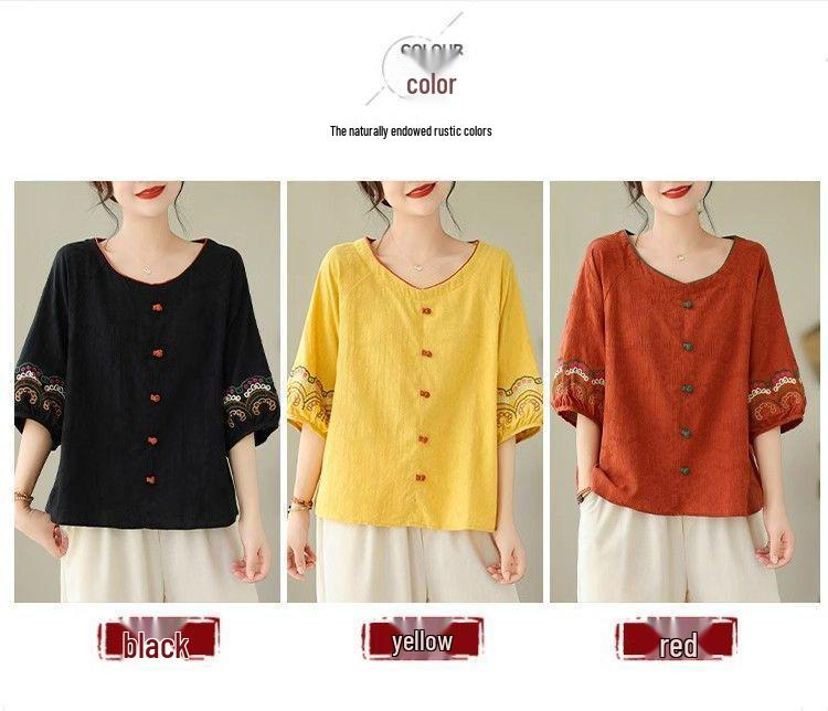 Retro Embroidered Short-Sleeve Cotton-Linen T-Shirt for Middle-Aged Women - Spring/Summer