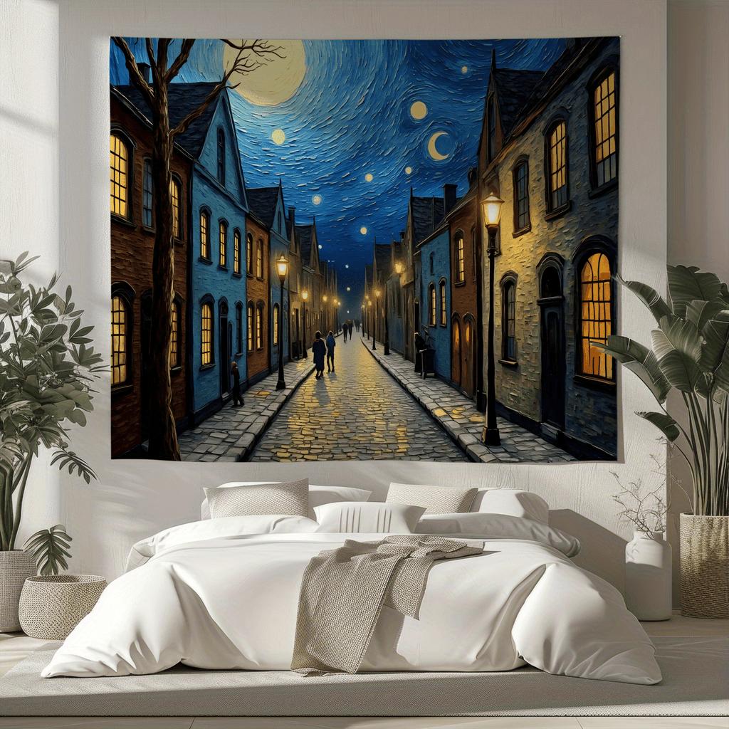 1pc Large European Town Night Tapestry Wall Hanging - Van Gogh-Inspired Starry Night Effect, Cobblestone Streets & Moonlit House