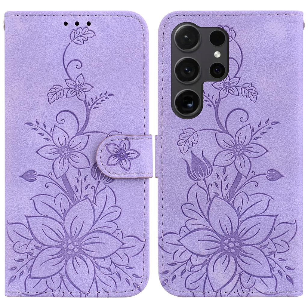 For Samsung Galaxy S25 Ultra Case Lily Flower Imprint Leather Phone Cover with Stand