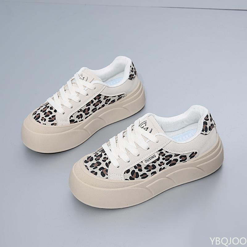 2025 Spring New Breathable Leopard Pattern Low Cut Casual Thick Soled Board Shoes with Soft Sponge Cake Shoes Zapatos De Mujer