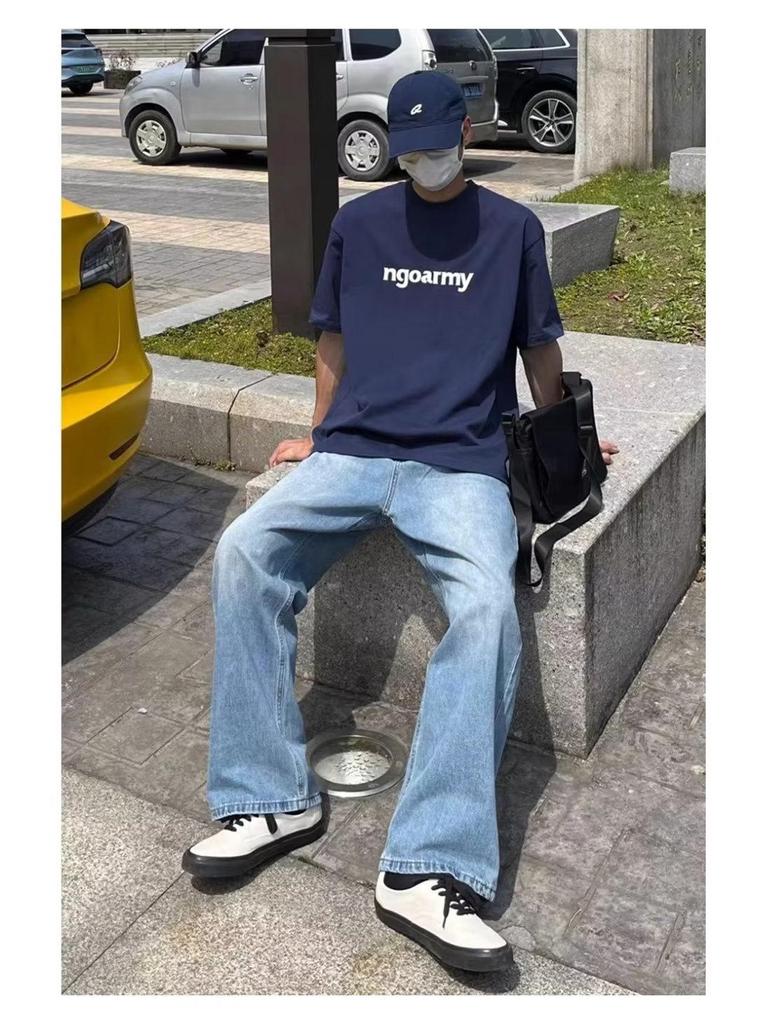 Men's Loose Straight-Leg Distressed Jeans - Floor-Length, Wide-Leg, Casual Trend