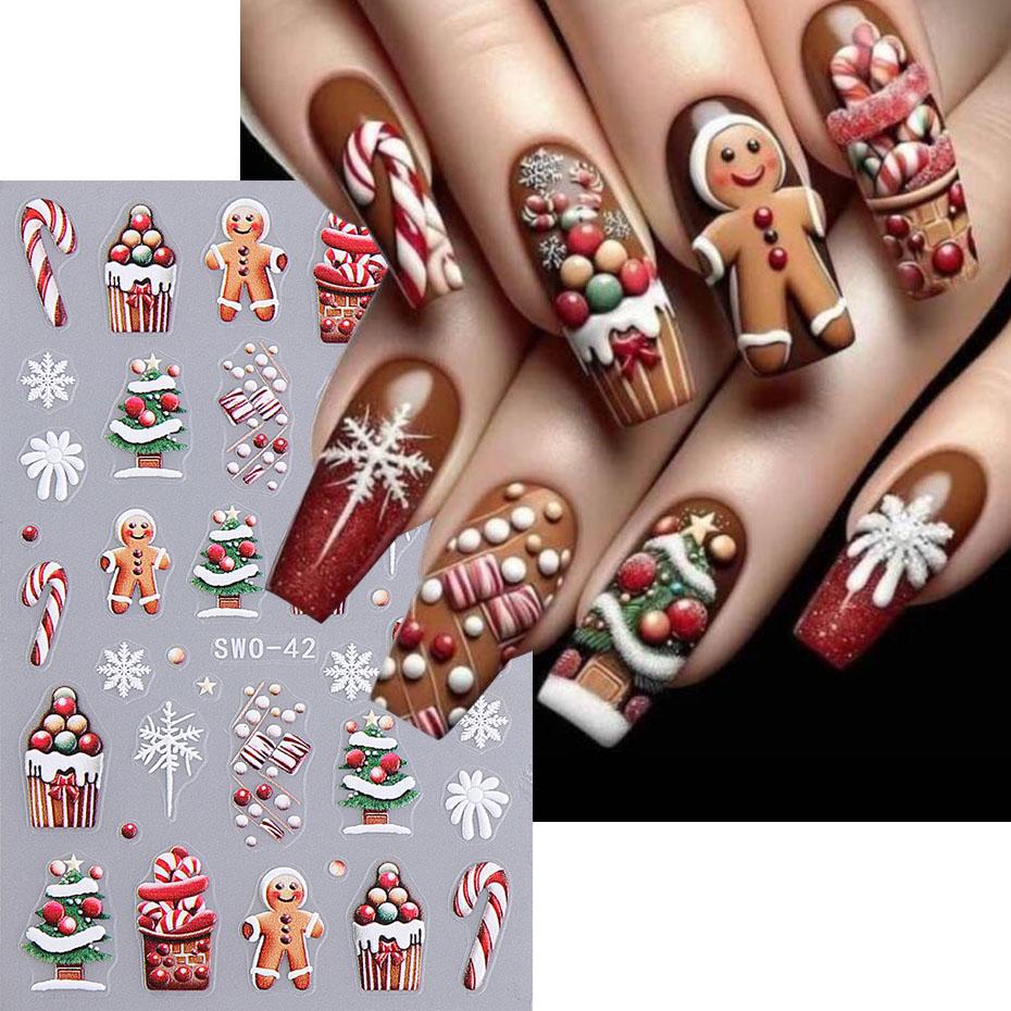 5D Embossed Christmas Nail Stickers Gingerbread Man Snowflake Snowman Penguin Autumn Winter Nail Art Decals Decoration