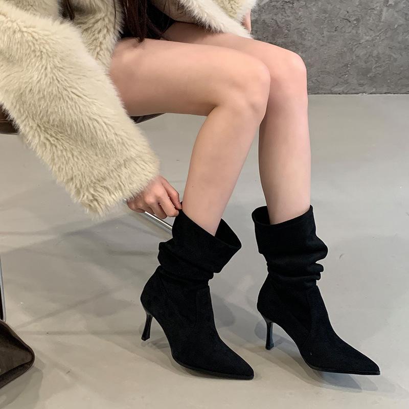Upgraded version~ khaki boots women's stiletto 2025 new pointed short boots high heels thin medium tube stacking boots