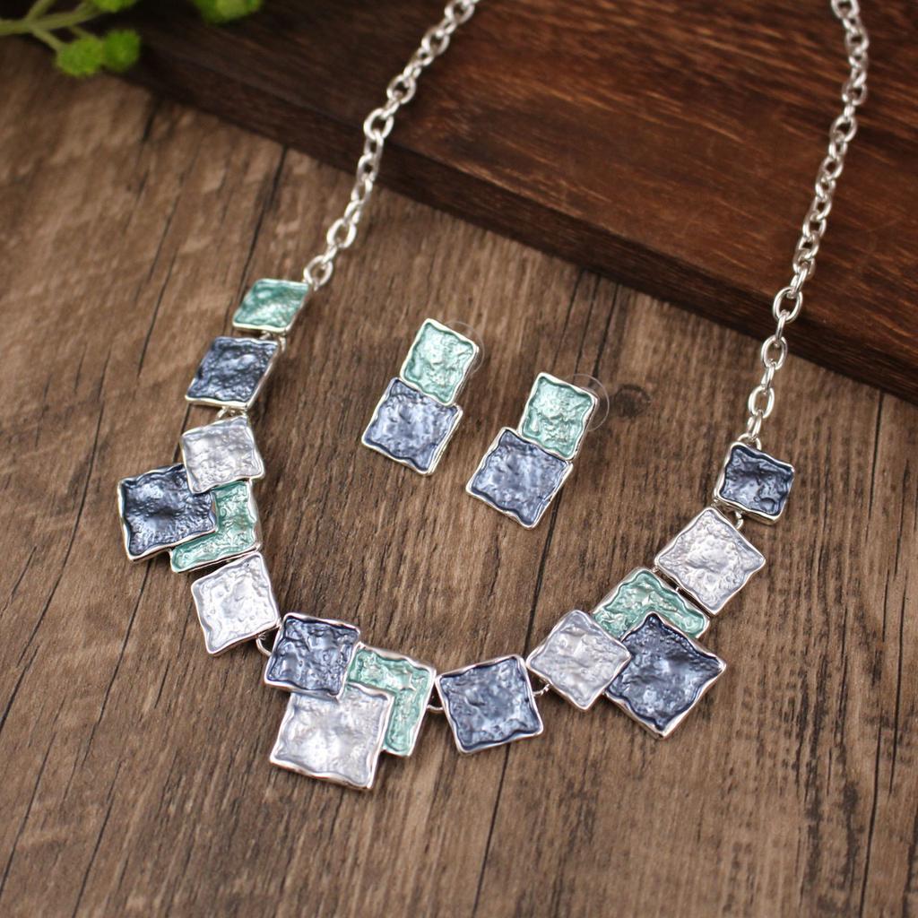 Colored Oil Geometric Square Earring Necklace Set