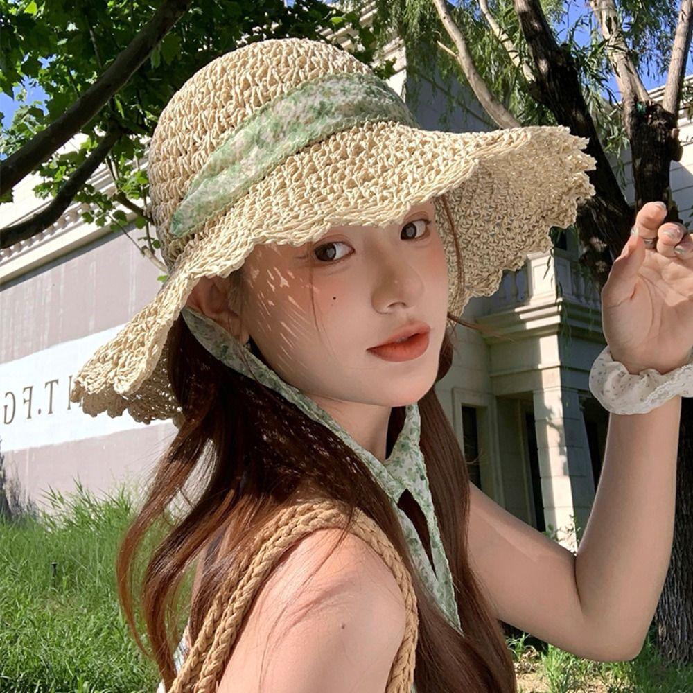 Big Brim Lace Straw Hat Spring Summer Women's Sun Hat Elegant Bow Ribbon Straw Hat  Lady