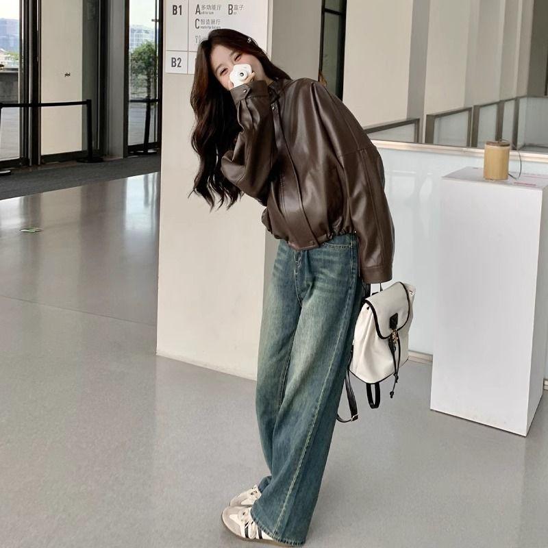 New Fashion Women's Leather Jacket Round Neck Zipper Style Casual Retro Commuter High End Luxury Motorcycle Short Leather Coat