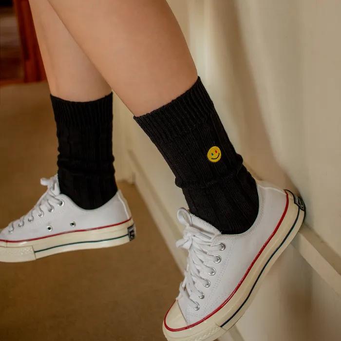 Knit Socks with Smile Embroidery - Black