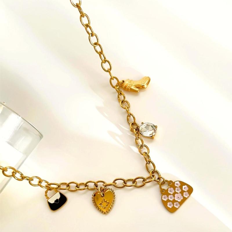 Rhinestones Embellished Love Sachet Charm Necklace Stainless Steel Clavicle Chain Fashion Jewelry Accessory