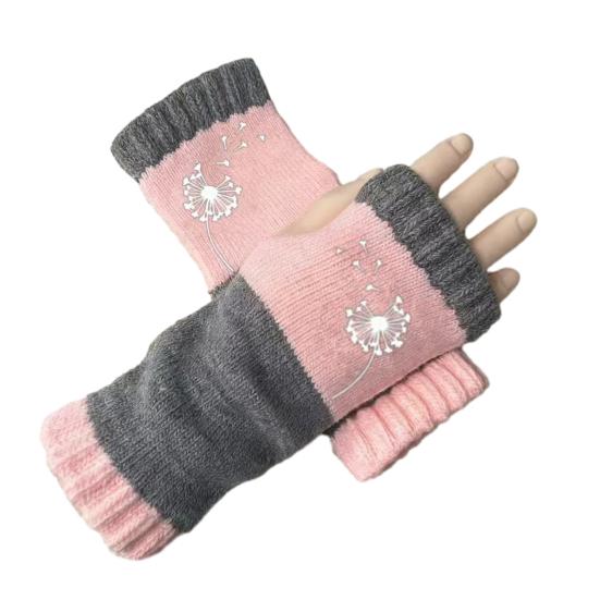 Knitted Fingerless Gloves Women Color-Block Knit Gloves Half-Finger Warm Gloves with Embroidered Dandelion Pattern for Texting Typing Writing