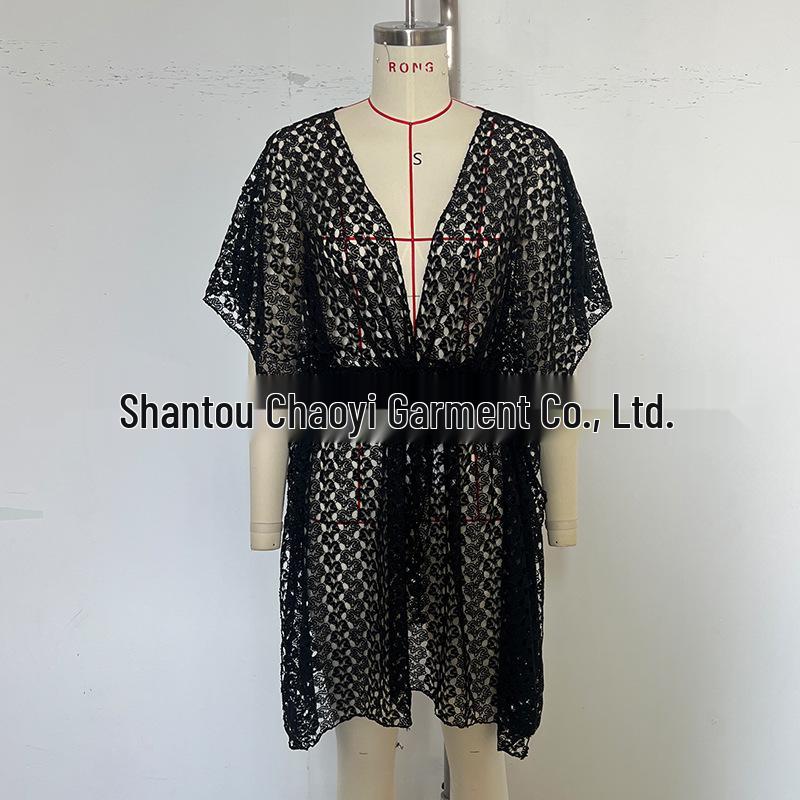 European & American Women's Sexy Hollow Deep V-Neck Knit Waist-Cinching Beach Cover-Up Dress