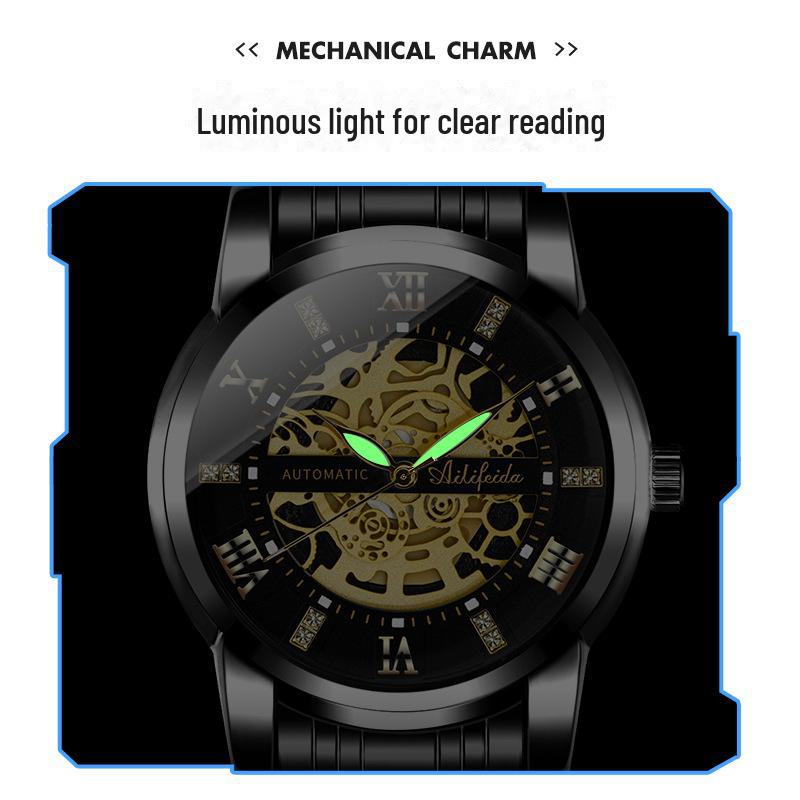 Aili Feida Men's Quartz Hollow Watch with Visible Back and Butterfly Buckle