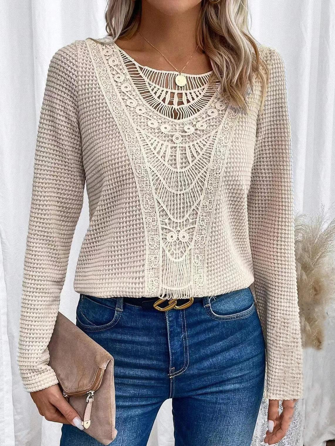 2024 cross-border Europe, America, autumn and winter new Amazon lace splicing pineapple plaid long-sleeved t-shirt top women s cross-border S
